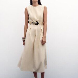 Zara Tan Sleeveless Midi Dress with Belt
